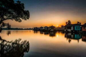 uma lindo pôr do sol sobre uma lago com casas em a costa. gerado por IA foto