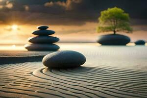 uma zen jardim com pedras e uma árvore. gerado por IA foto
