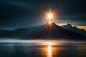 a Sol brilha sobre uma montanha e uma lago. gerado por IA foto