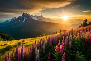 a Sol sobe sobre a montanhas e flores dentro a primeiro plano. gerado por IA foto