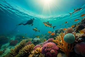 mergulho mergulhador em a coral recife. gerado por IA foto