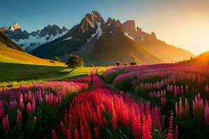 a Sol sobe sobre a montanhas e a flores flor dentro a campo. gerado por IA foto