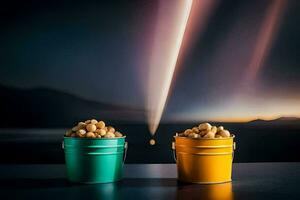 dois baldes do amendoim sentado em uma mesa. gerado por IA foto