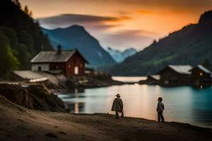 dois pessoas ficar de pé em a costa do uma lago às pôr do sol. gerado por IA foto