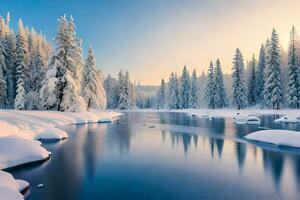 uma rio dentro a neve com árvores e neve. gerado por IA foto