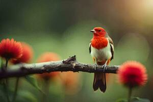 uma vermelho pássaro sentado em uma ramo com flores gerado por IA foto