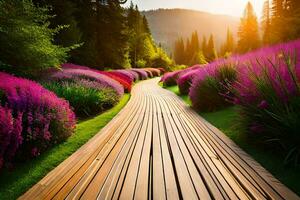 de madeira caminho dentro a floresta com roxa flores gerado por IA foto