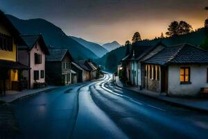 uma rua dentro a montanhas às crepúsculo. gerado por IA foto