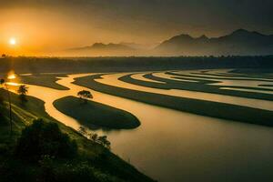 a Sol conjuntos sobre uma rio dentro a montanhas. gerado por IA foto