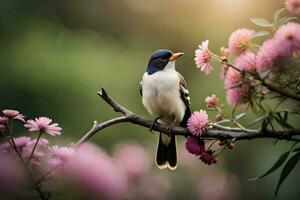 uma pássaro senta em uma ramo com Rosa flores gerado por IA foto