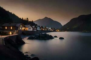 uma pequeno Vila em a costa do uma lago às crepúsculo. gerado por IA foto