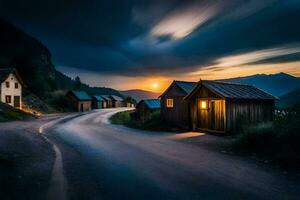uma estrada com uma poucos de madeira casas dentro a meio do a noite. gerado por IA foto