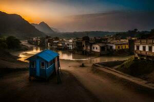 uma pequeno azul casa senta em a lado do uma rio. gerado por IA foto