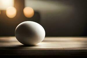 a ovo sentado em uma mesa dentro frente do uma vela. gerado por IA foto