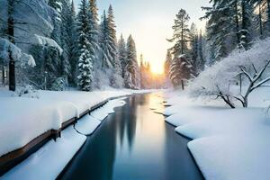 uma rio corre através uma Nevado floresta às pôr do sol. gerado por IA foto