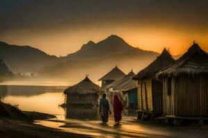 dois pessoas andar ao longo a costa do uma lago com cabanas. gerado por IA foto