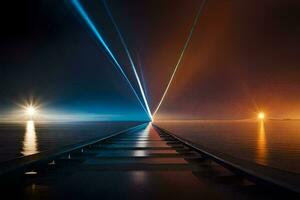 uma trem rastrear conduzindo para a oceano às noite. gerado por IA foto