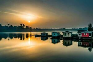 a Sol sobe sobre uma lago com pequeno casas. gerado por IA foto