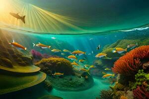 uma colorida embaixo da agua cena com peixe e coral. gerado por IA foto