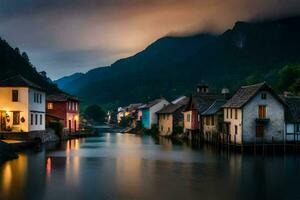 foto papel de parede a céu, montanhas, rio, casas, a noite, a montanhas, a rio. gerado por IA