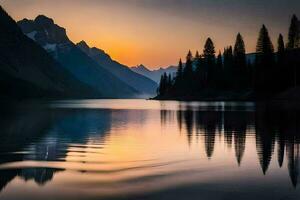 uma lindo pôr do sol sobre uma lago com árvores e montanhas. gerado por IA foto