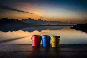 três baldes sentar em a terra perto uma lago. gerado por IA foto