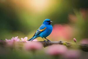 uma azul pássaro senta em uma ramo dentro frente do Rosa flores gerado por IA foto