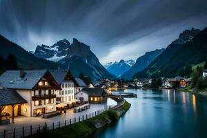 foto papel de parede a céu, montanhas, água, casa, lago, montanhas, casa, a noite. gerado por IA