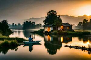uma homem dentro uma barco em uma lago às nascer do sol. gerado por IA foto