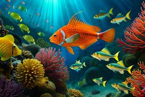 a embaixo da agua cena com peixe e coral. gerado por IA foto