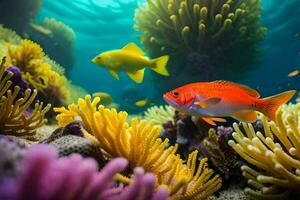 peixe natação dentro a oceano com coral e anêmonas. gerado por IA foto