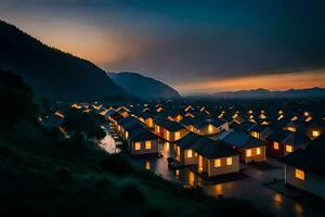 a casas estão aceso acima às noite dentro a montanhas. gerado por IA foto