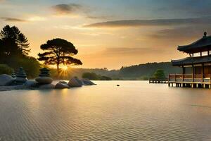 a japonês pavilhão às a lago. gerado por IA foto