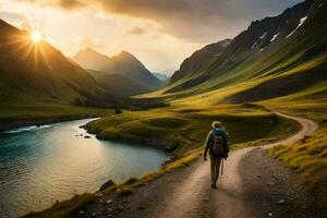 uma pessoa caminhando baixa uma caminho dentro a montanhas. gerado por IA foto