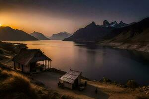 a Sol conjuntos sobre a lago e montanhas. gerado por IA foto