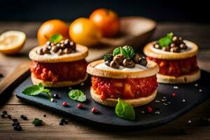 três mini sanduíches com tomate molho e queijo em uma Preto placa. gerado por IA foto