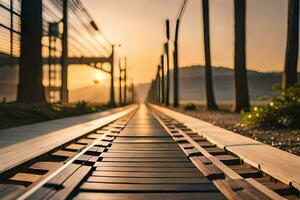 uma Ferrovia rastrear com uma pôr do sol dentro a fundo. gerado por IA foto