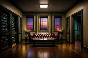 uma quarto com uma sofá e dois janelas. gerado por IA foto