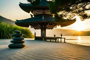 uma pagode senta em a costa do uma lago às pôr do sol. gerado por IA foto