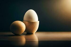 dois ovos sentar dentro uma de madeira ovo copo. gerado por IA foto