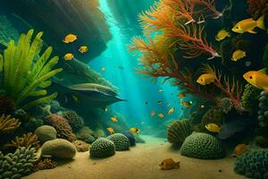 a embaixo da agua cena com peixe e coral. gerado por IA foto