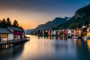 uma rio e casas dentro a montanhas às pôr do sol. gerado por IA foto