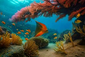 uma tropical peixe nada perto coral recifes e mar fãs. gerado por IA foto