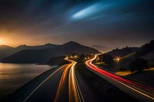 uma grandes exposição fotografia do uma estrada e lago às noite. gerado por IA foto