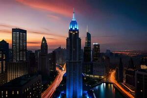 a cidade Horizonte às noite com a azul luzes sobre. gerado por IA foto