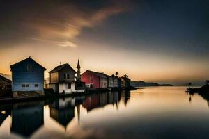 uma linha do casas em a água às pôr do sol. gerado por IA foto