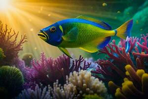 uma peixe natação dentro a oceano com coral recifes. gerado por IA foto