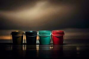 quatro colorida baldes em uma mesa com uma Sombrio céu. gerado por IA foto