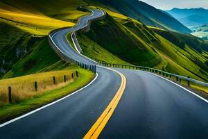 uma enrolamento estrada dentro a montanhas. gerado por IA foto