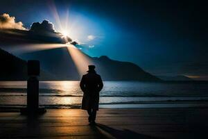 uma homem em pé em a de praia às noite com a Sol brilhando através a nuvens. gerado por IA foto